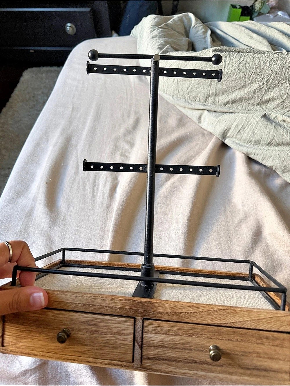 Wooden Jewelry Organizer with Display Bars, Brown & Black